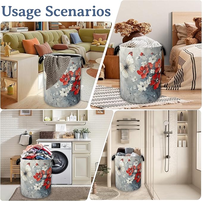 Butterfly Flowers Laundry Basket, Foldable Oxford Cloth Red Laundry Hamper
