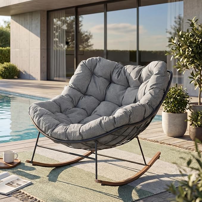 Grand patio Outdoor Rocking Chair, E-Coated Modern Cozy Lounge Rocker Chair with Cushion for Balcony Porch Patio, Gray