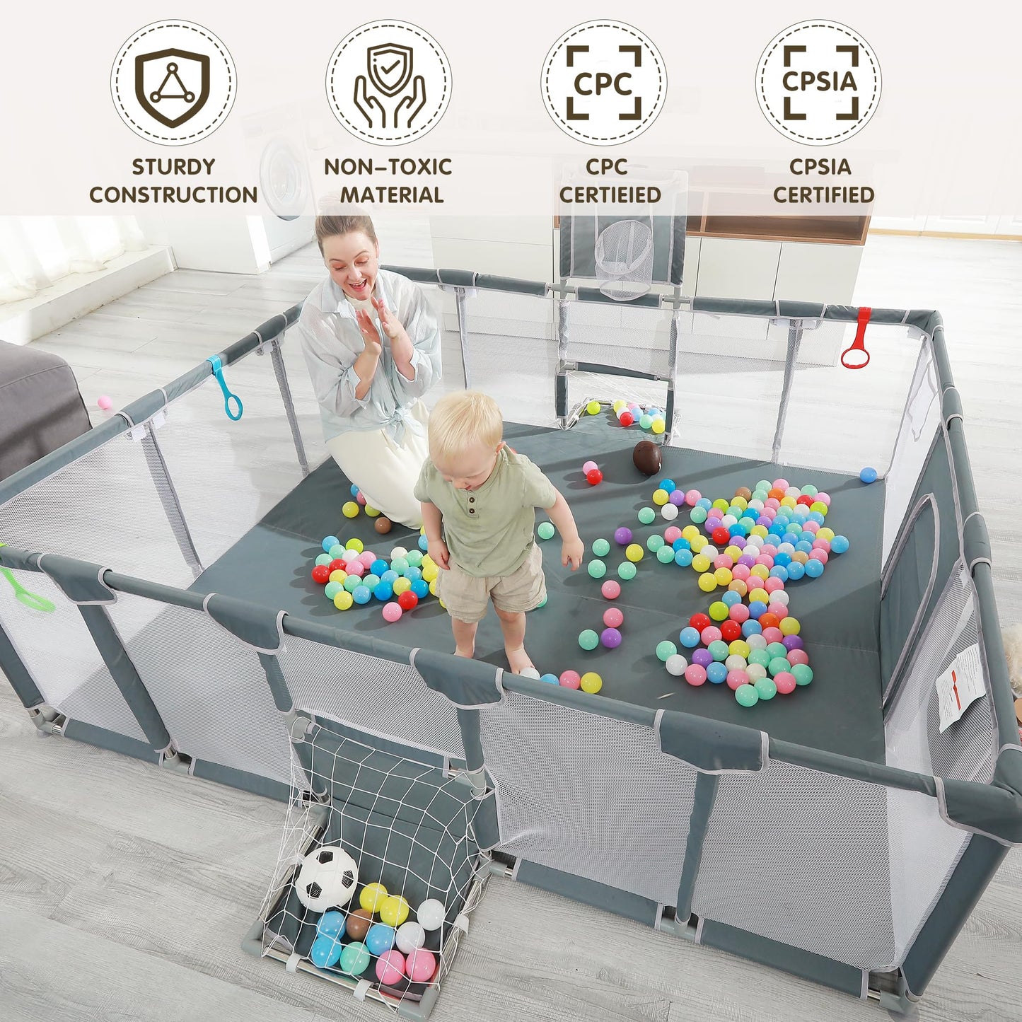 XNWQL Baby Playpen, 79"x71" Indoor & Outdoor Playpen with Breathable Play Pen with Ocean Balls Hanging Pocket Basketball Hoop and Football Goal
