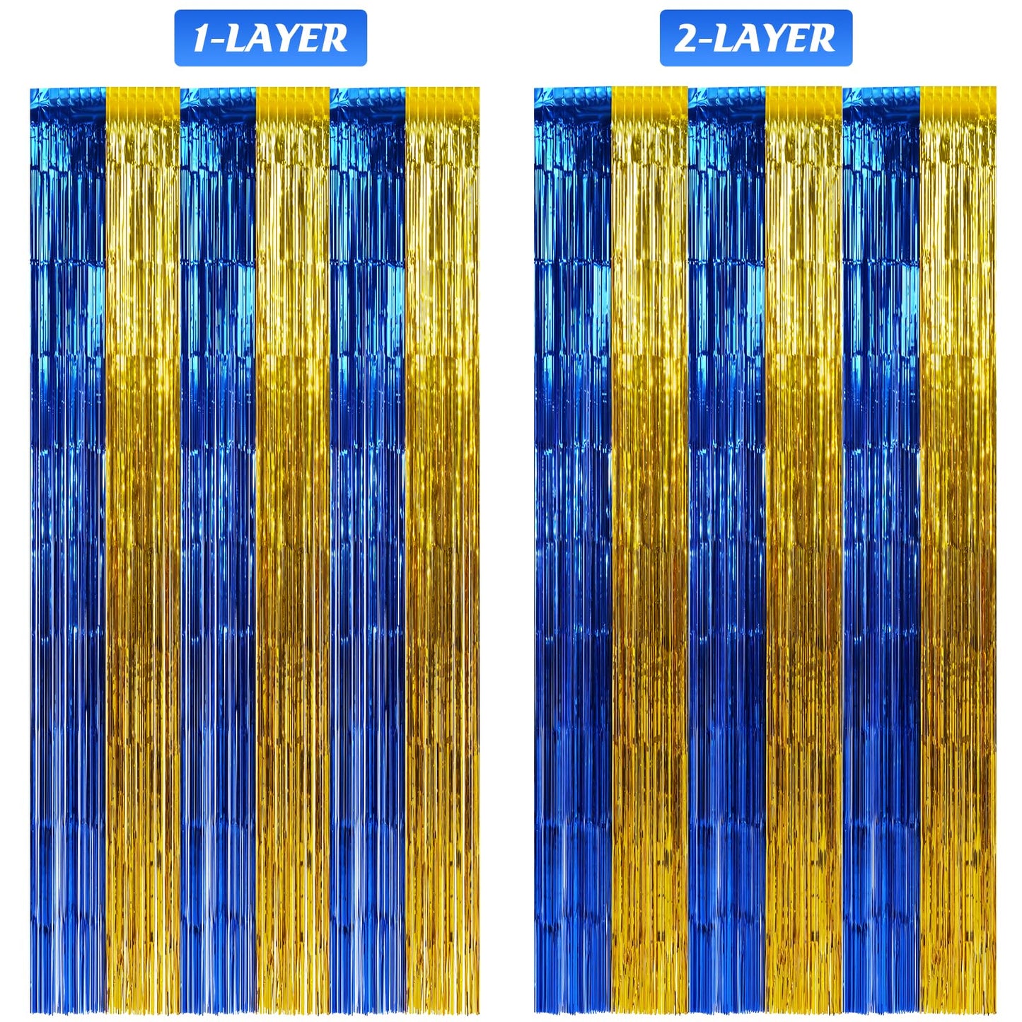 3 Pack 3.3Ft x 6.6Ft Graduation Foil Fringe Curtain Backdrop Decorations, Blue Gold Metallic Tinsel Foil Streamers Curtain Photo Booth Background for Graduation Prom Wedding Birthday Party Decorations