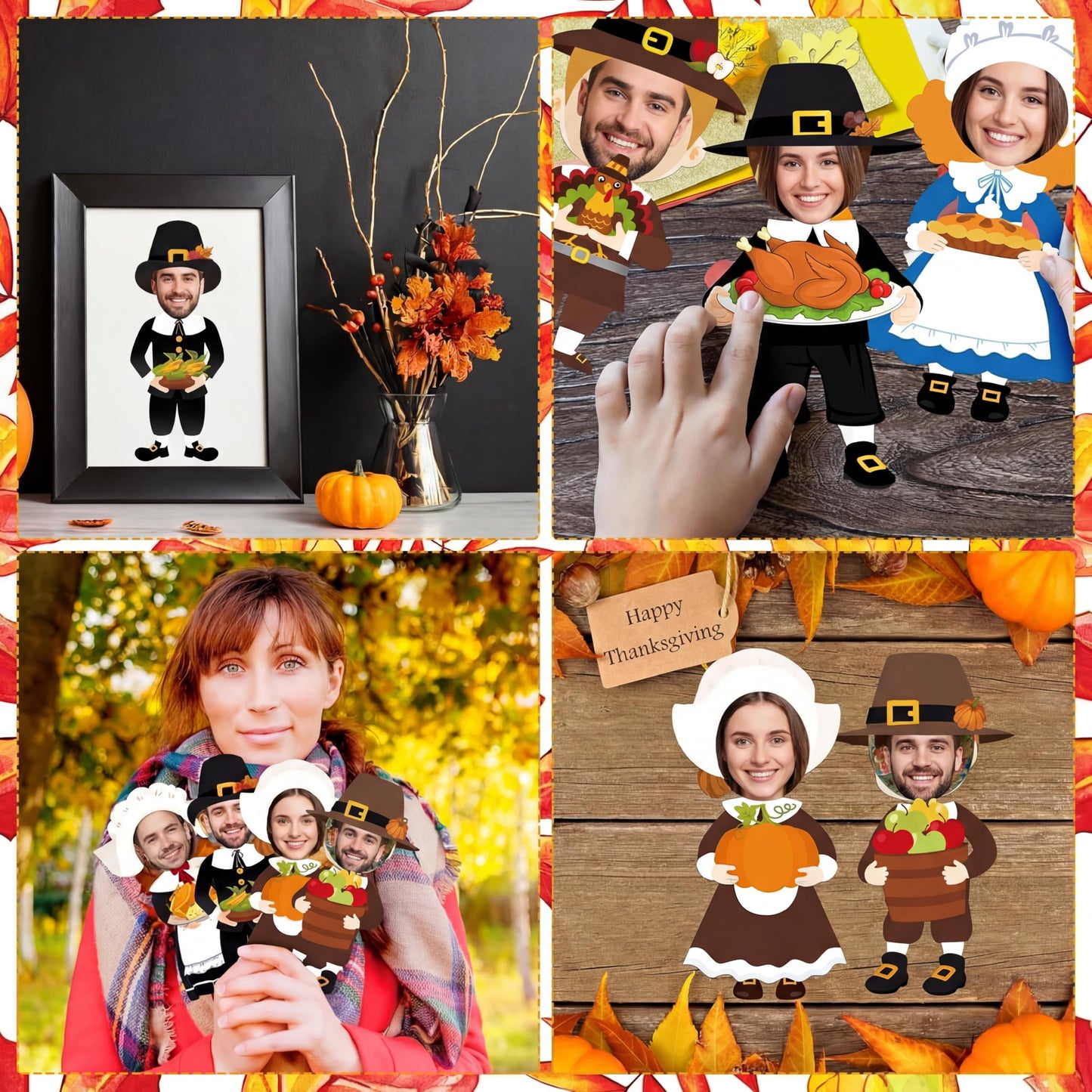 Qunclay 48 Sets Thanksgiving Pilgrim and Picture Frame Crafts Thanksgiving DIY Picture Frame Craft Kits Make Your Own Photo Kit Ornaments for Gift Supplies Home Activities Decor
