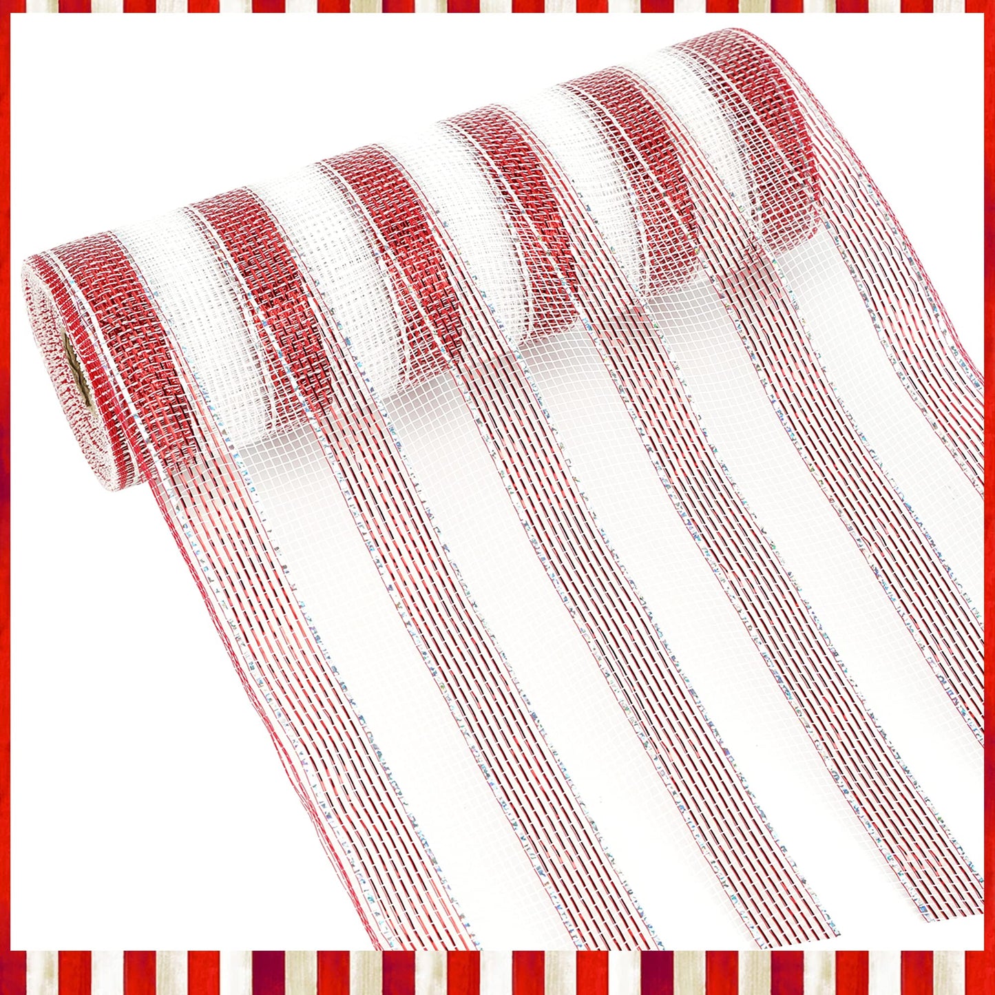 MEEDEE Red and White Deco Mesh Metallic Striped Ribbon 10 Inch Candy Cane Mesh Ribbon for Christmas Tree, Garland, Staircase, Mailbox, Centerpiece, Wreaths, Decorating and Crafts (30 Feet)