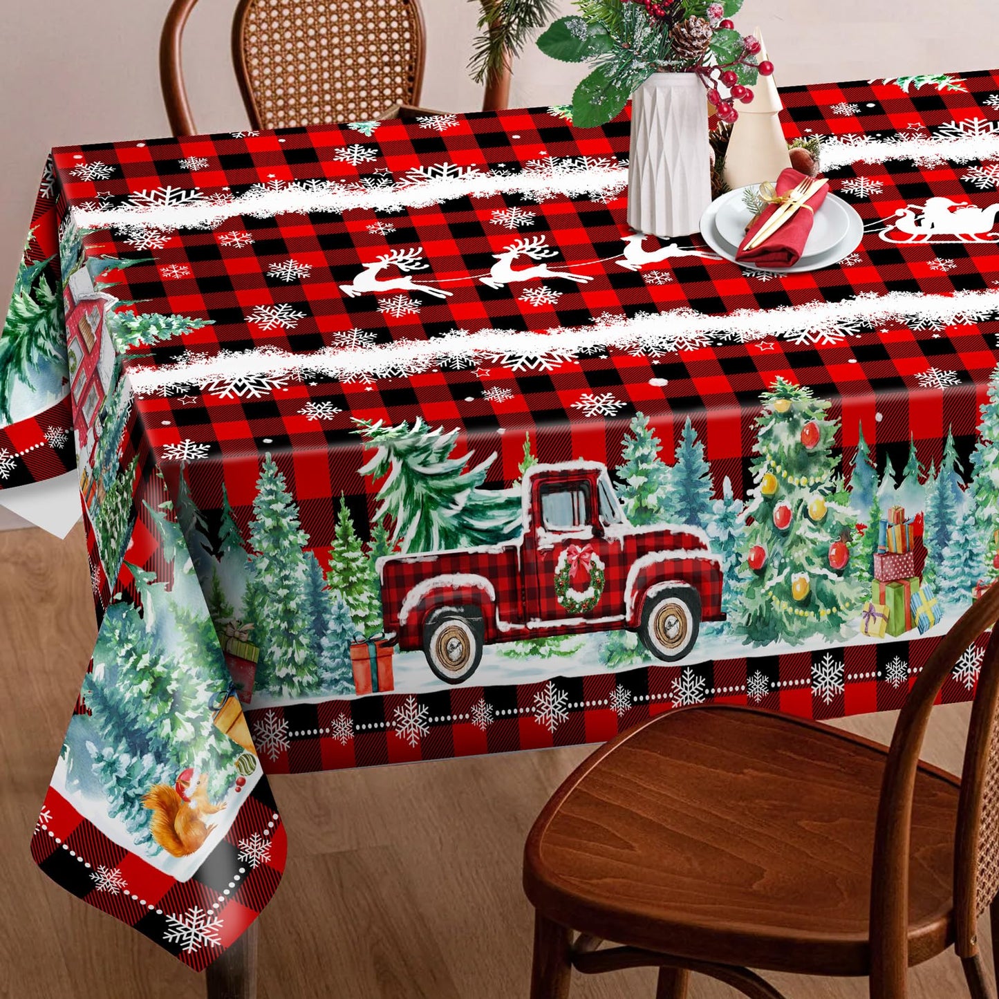 cusugbaso Christmas Tablecloth 60x120 Inches - Red Truck Party Decorations for Home - Christmas Table Cloth for Rectangle Table Xmas Holiday Buffalo Plaid Xmas Decor for Kitchen, Home