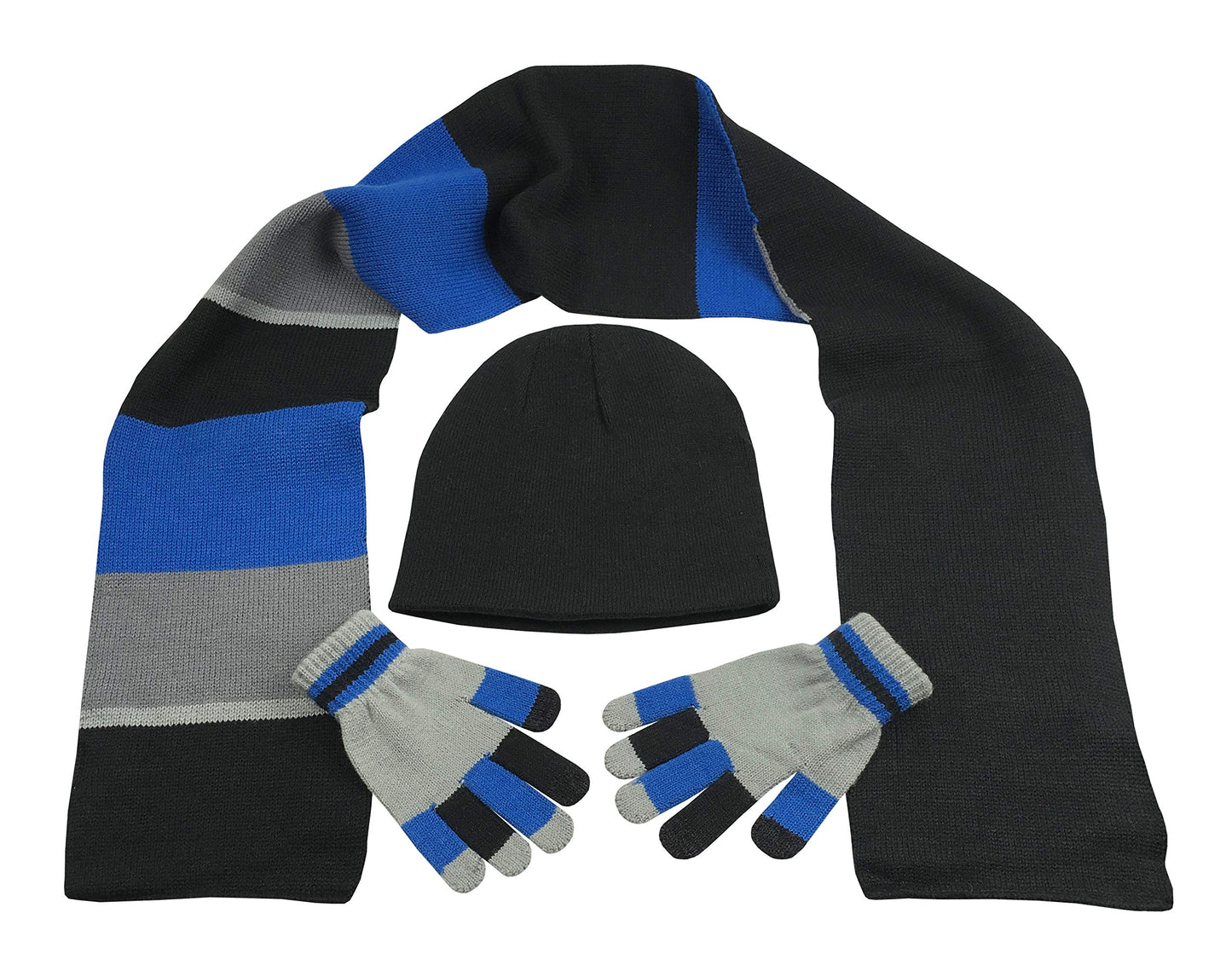 N'Ice Caps Kids Reversible Knitted Hat/Scarf/Magic Stretch Glove Accessory Set (Black/Charcoal Grey/Royal with Touchscreen, 7-10 Years)