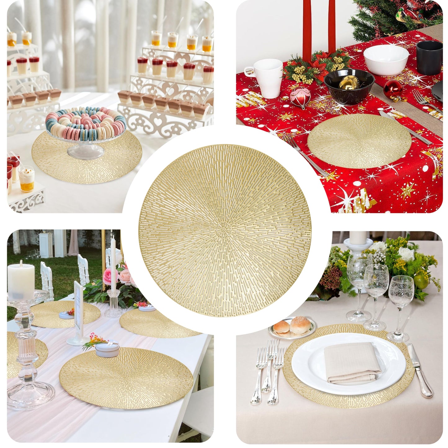 Snowkingdom Gold Round Placemats Set of 4, Golden Vinyl Metallic Hollow 15 Inch Place mats, Washable Easy Clean Wipeable Non Slip Stain Heat Resistant Dining Table Mats for Wedding Party Decoration