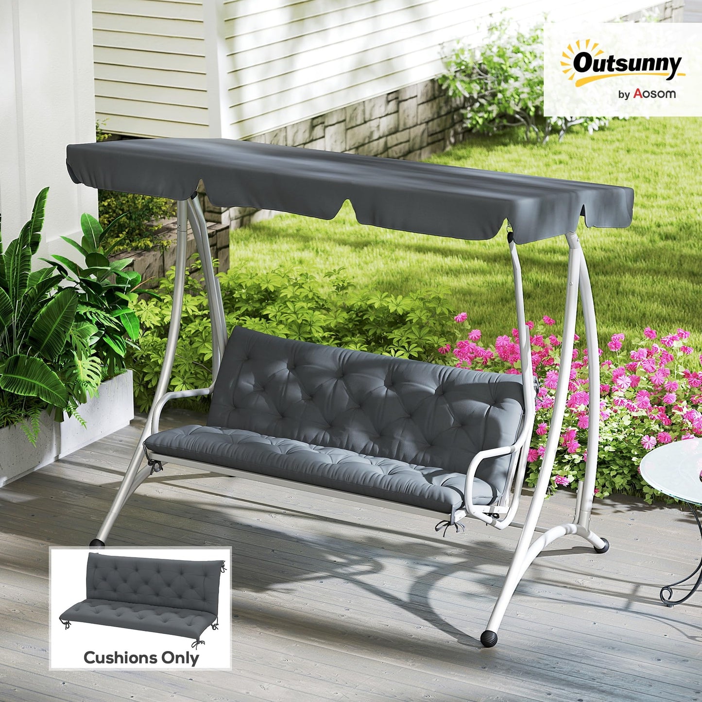 Outsunny 3 Seater Bench Cushion, Garden Chair Cushion with Back and Ties for Indoor and Outdoor Use, 98 x 150 cm, Dark Grey