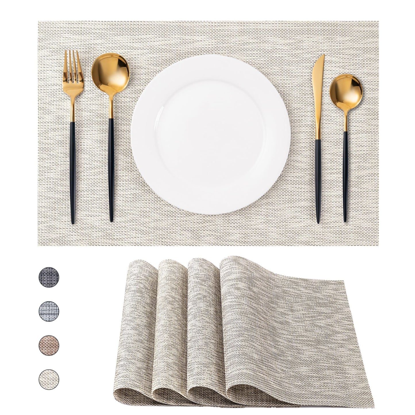 CADONO Placemats Set of 4 Washable Indoor/Outdoor Vinyl Place Mats for Dining Table Durable Non-Slip Heat Resistant PVC Weave Table Mats(Beige)