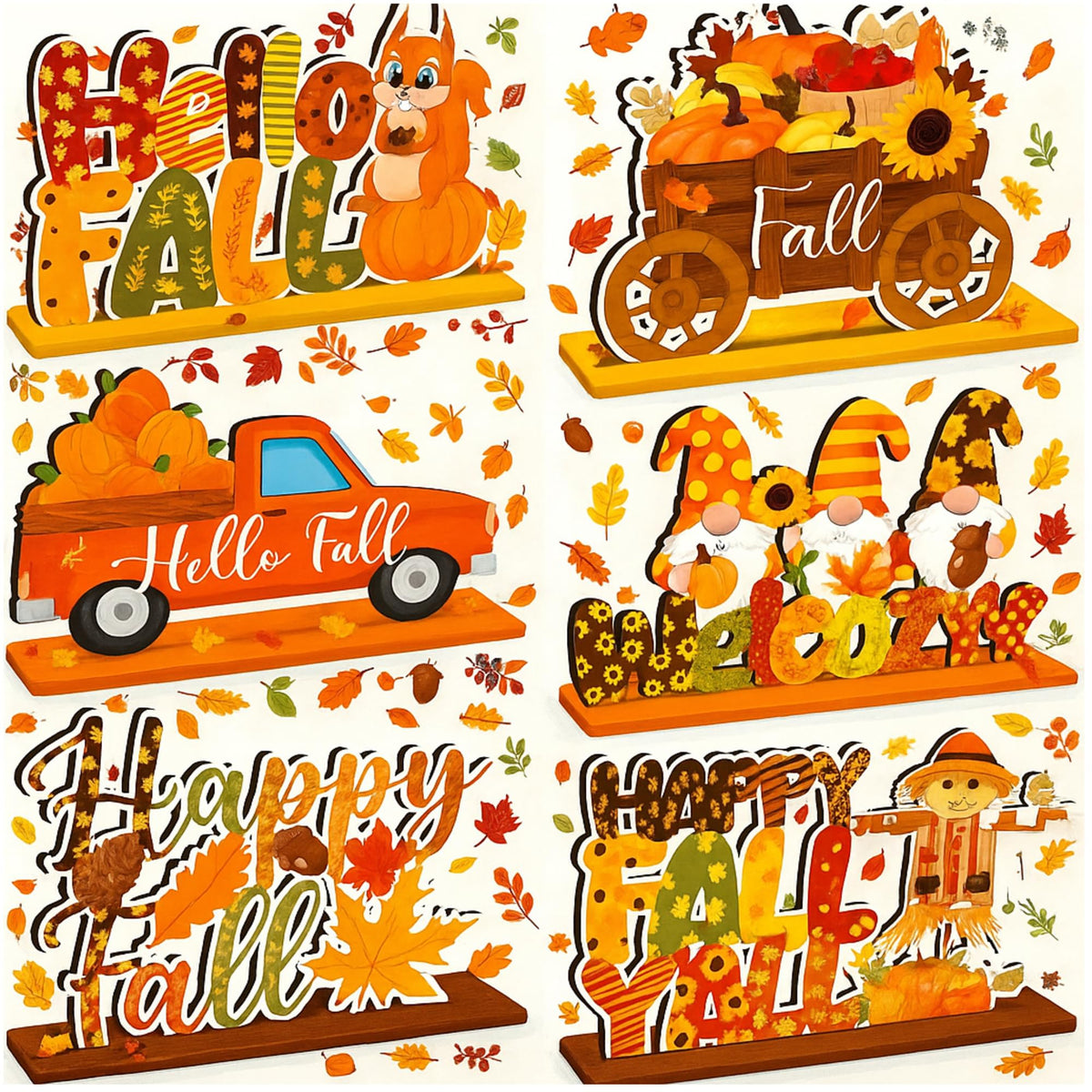 CroBlissful 6 Pcs Thanksgiving Decorations for Home Fall Table Centerpiece Hello Autumn Wooden Table Sign Pumpkin Gnome Truck Wood Tabletop Decor Harvest Party Decorations, 6 Styles