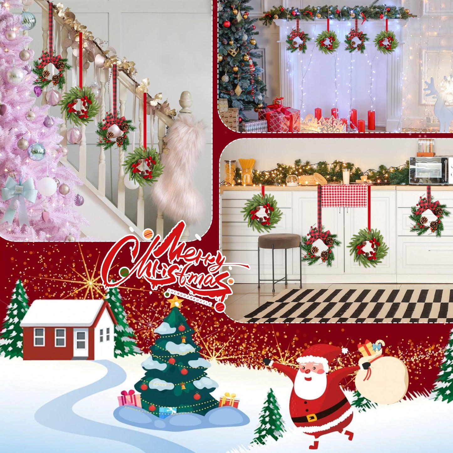 Ogrmar 12 Pcs Mini Christmas Kitchen Cabinet Wreaths with Ribbon, 2 Styles Hanging Christmas Wreath, Small Kitchen Xmas Decoration for Fireplace Kitchen Door Stair Window