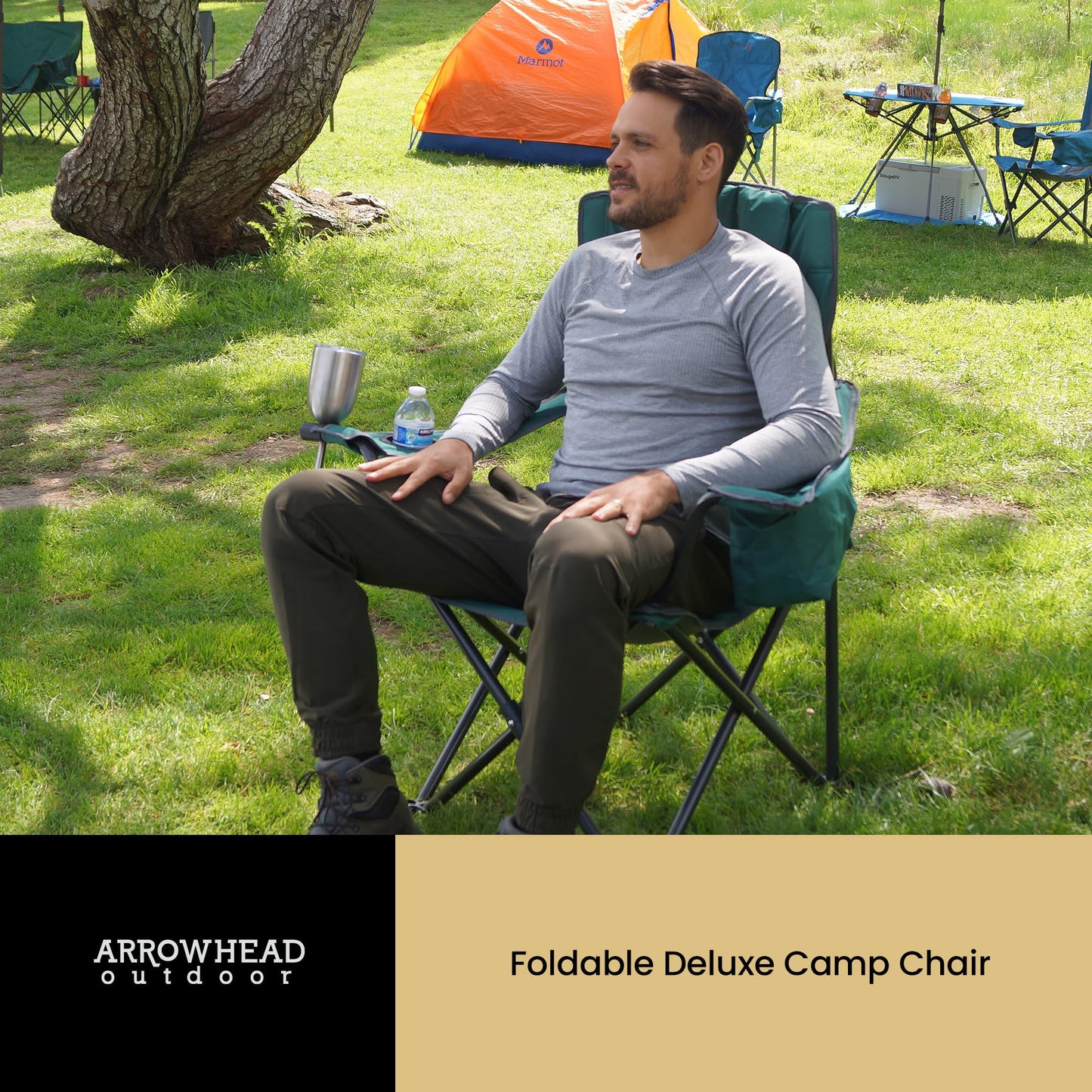 ARROWHEAD OUTDOOR 2-Pack Portable Deluxe Folding Camp Quad Chair w/Headrest, Glass & Cup Holders, Armest 6-can Cooler, Heavy Duty Carry Bag, 550 lbs Weight Capacity