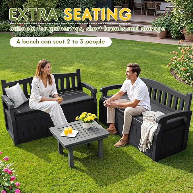 Greesum 80 Gallon Outdoor Storage Bench Deck Box with Cushion & Armrest, Lockable, Waterproof UV Resistant, Comfortable Seating for Patio, Pool, Garden, Black
