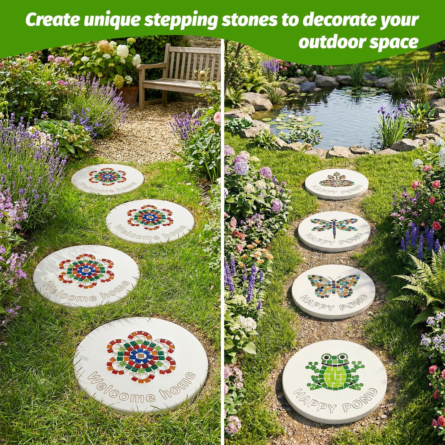 U0U 10PCS Stepping Stone Kit Includes Round Cement Molds, Mosaic Tiles and Carving Tools,DIY Garden Stepping Stone kit for Kids,Family,Outdoor Walkways Pavement Decoration (No Concrete Mix)