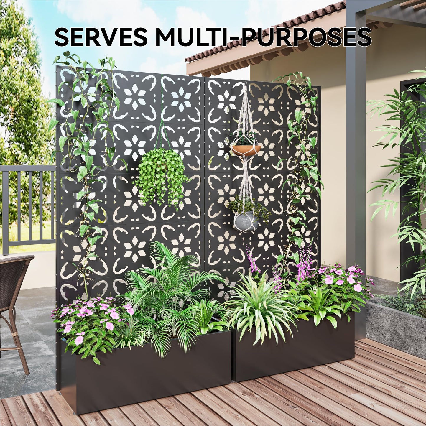 Bevivog Outdoor Privacy Screen with Planter Box, 71"x36" Freestanding Metal Privacy Planters for Patio Garden Metal Planter Box with Trellis, Outside Privacy Fence with Planter for Climbing Plants
