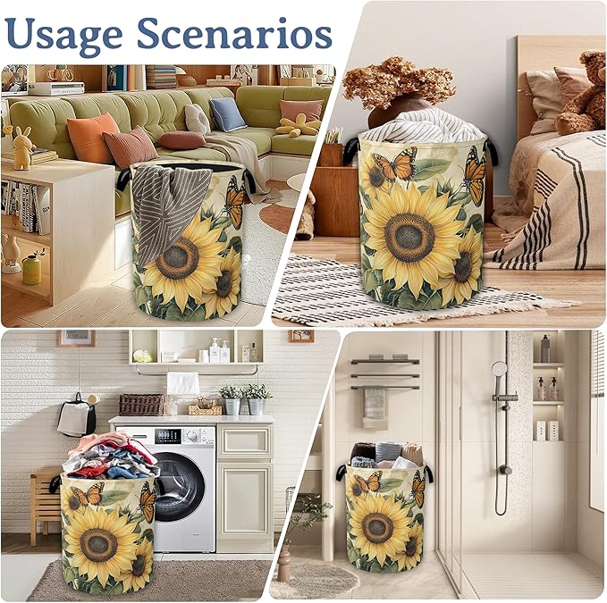 Vintage Sunflower Laundry Basket, Foldable Oxford Cloth Butterfly Laundry Hamper