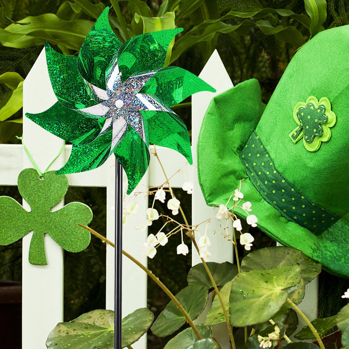 Hausse 10 Pack Reflective Pinwheels Holiday Decor (Assembly Required), Sparkly Wind Sculptures for St. Patrick's Day Decorations Party Supplies, Scare Birds Away from Garden Yard Patio Farm, Green