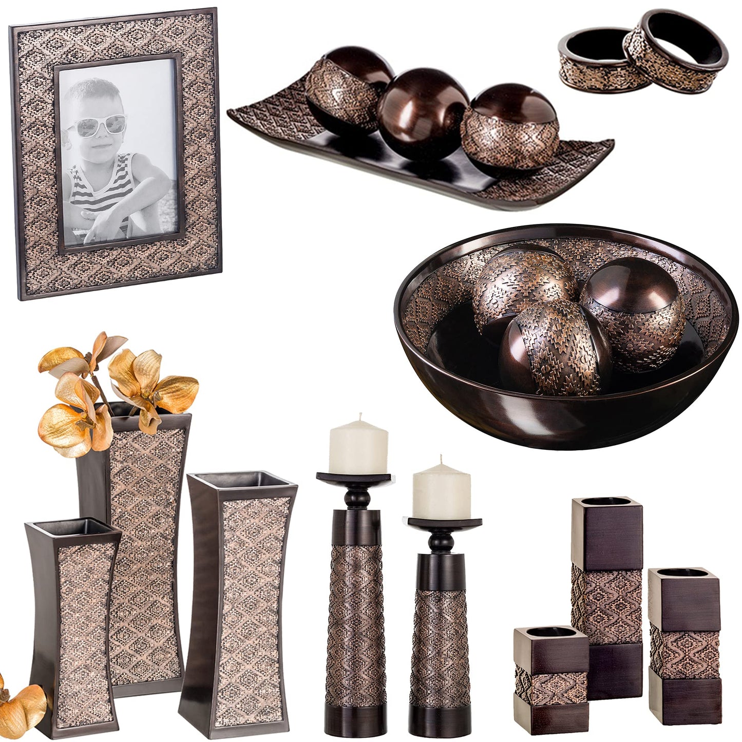 Creative Scents Dublin Brown Home Decor Tray with Orbs Set and Matching Candle Holder Set of 2 - Coffee Table Mantle Decor Centerpiece
