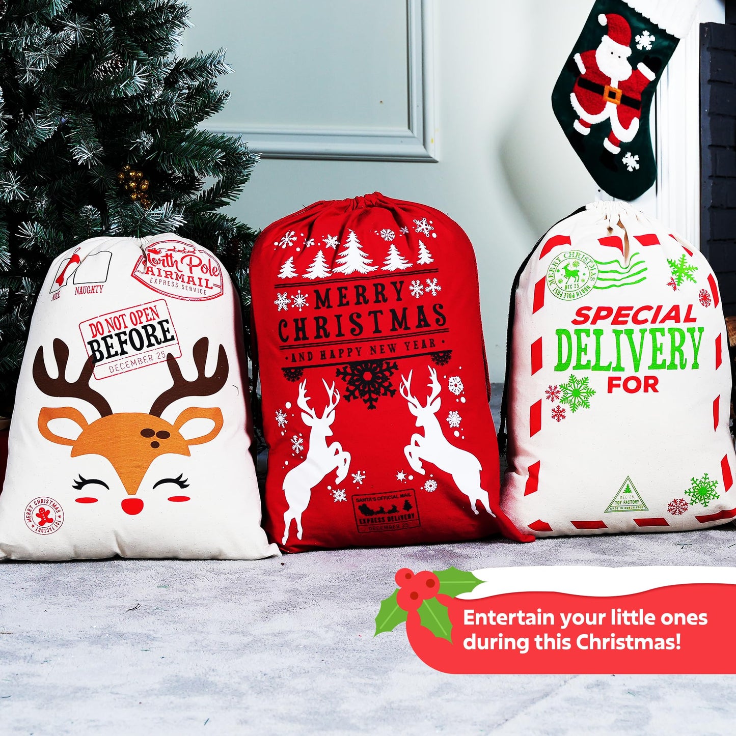 JOYIN 3 Packs Santa Sack, Large Christmas Canvas Gift Bag with Drawstring 26" x 19" for Hoilday Party Supplies, Reusable Personalized Best Gift for Xmas Package Storage, Christmas Event Party Favors