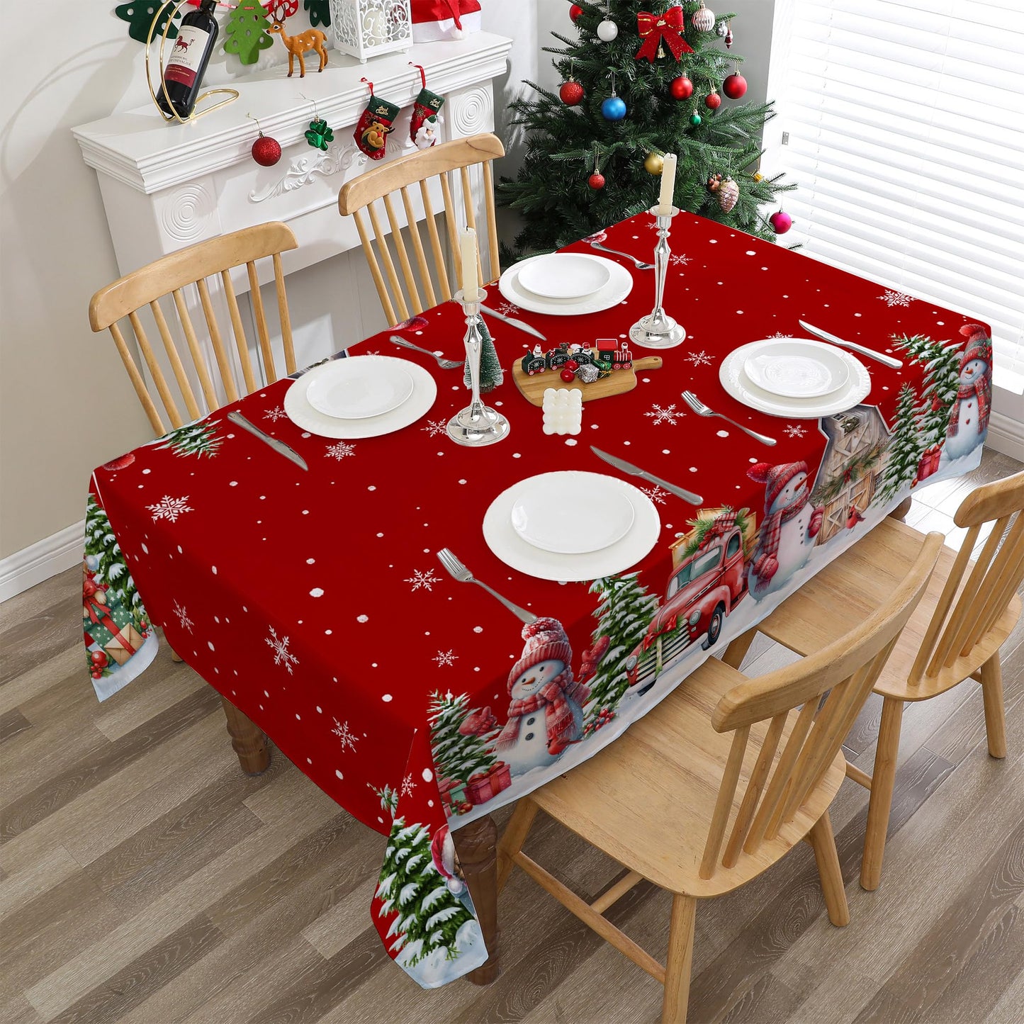 cusugbaso Christmas Tablecloth 60x84 Inches for Rectangle Tables - Red Christmas Decor for Table - Snowman Water Resistant Xmas Table Cloth, Party Decorations for Kitchen, Home
