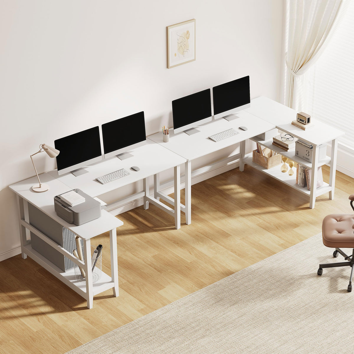 IOTXY Reversible L-Shaped Office Desk - 53" Modern Corner Computer Table with Storage Shelves, Solid Wood Legs, Home Writing & Study Workstation, White