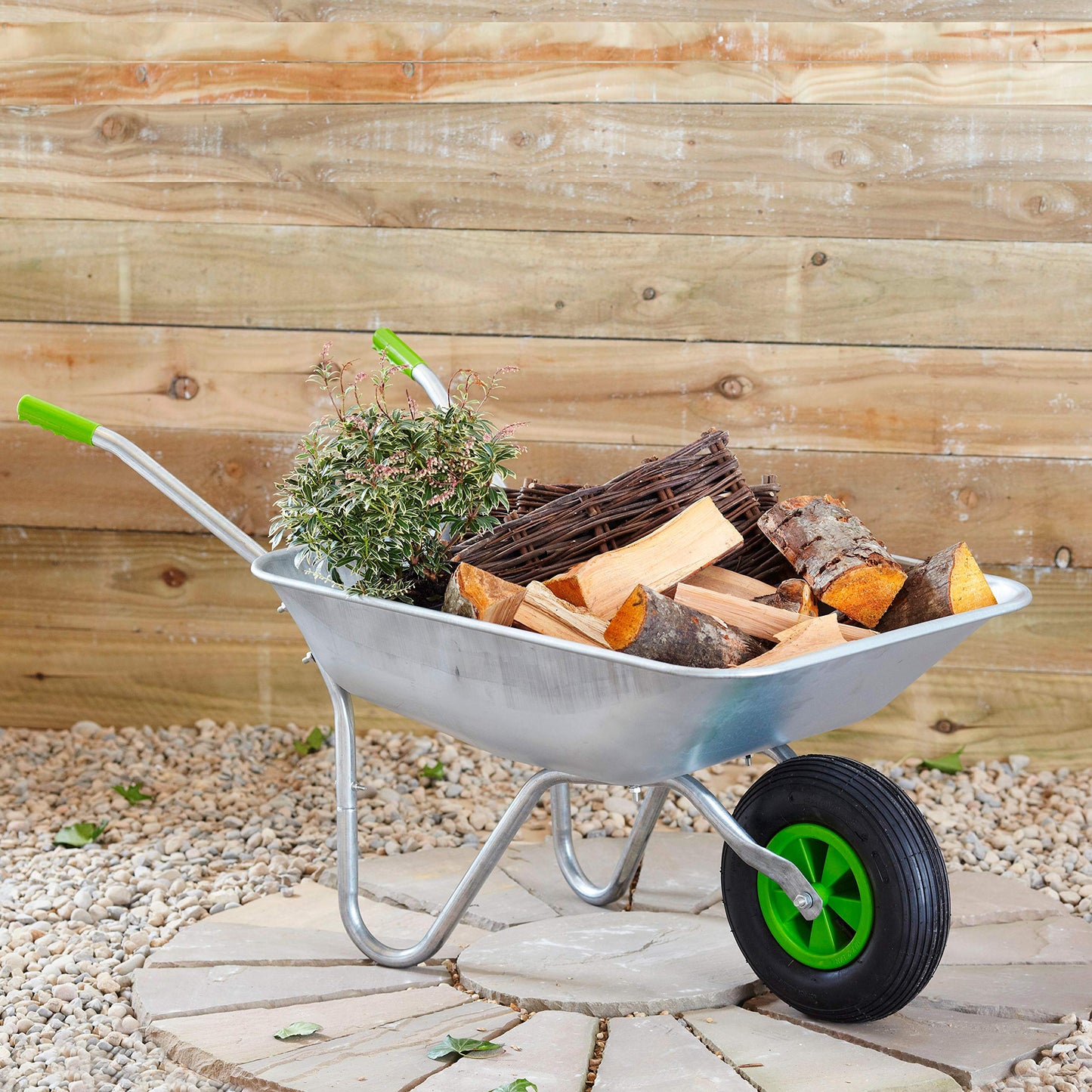 Neo Wheelbarrow Home Garden Cart Galvanised with Pneumatic Tyre (65L), Silver