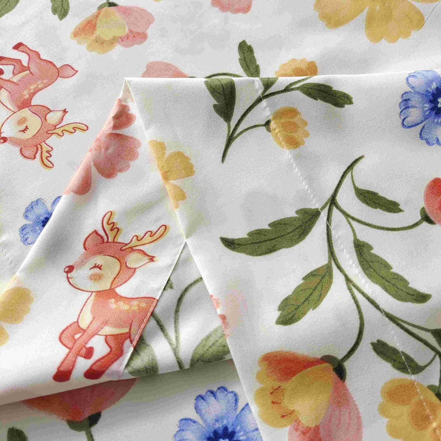 SDIII Reindeer and Floral Full Size Fitted Sheet with 2 Pillowcases, Deep Pocket Soft Microfiber Fawn and Floral Full Size Sheet All Season