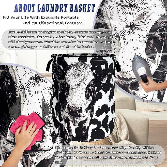 Personalize Black White Cow Laundry Basket Oxford Cloth Foldable Animal Laundry