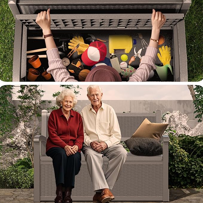 80 Gallon Outdoor Storage Bench Deck Box Waterproof Lockable,Outdoor Storage Furniture for Patio,Garden and Porch,Tools and Cushions( Grey)