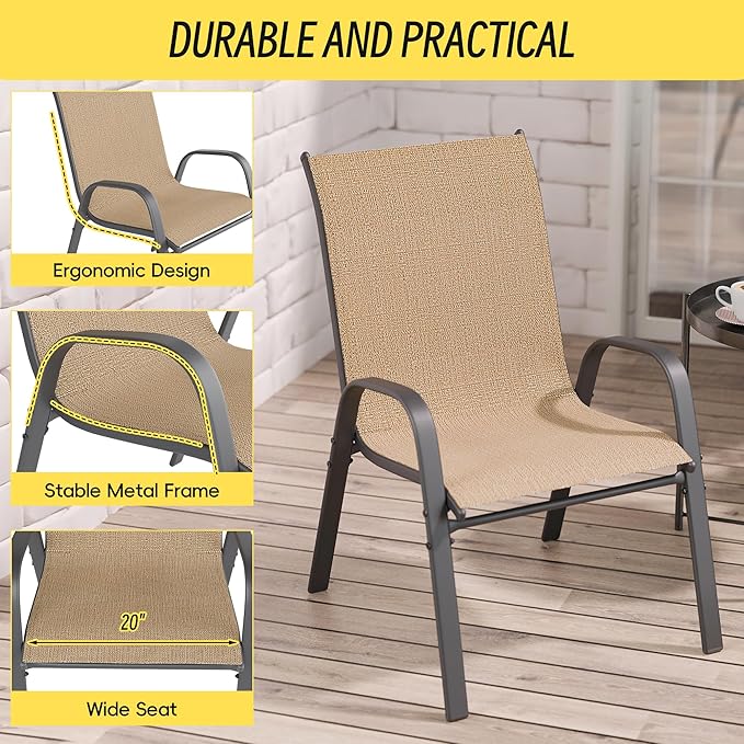 Betterhood Patio Chairs Set of 2, Stackable Outdoor Dining Chairs Set with Breathable Seat Fabric, All-Weather Powder-Coated Metal Frame for Deck, Pool Side and Backyard, 350LBS Capacity (Khaki)