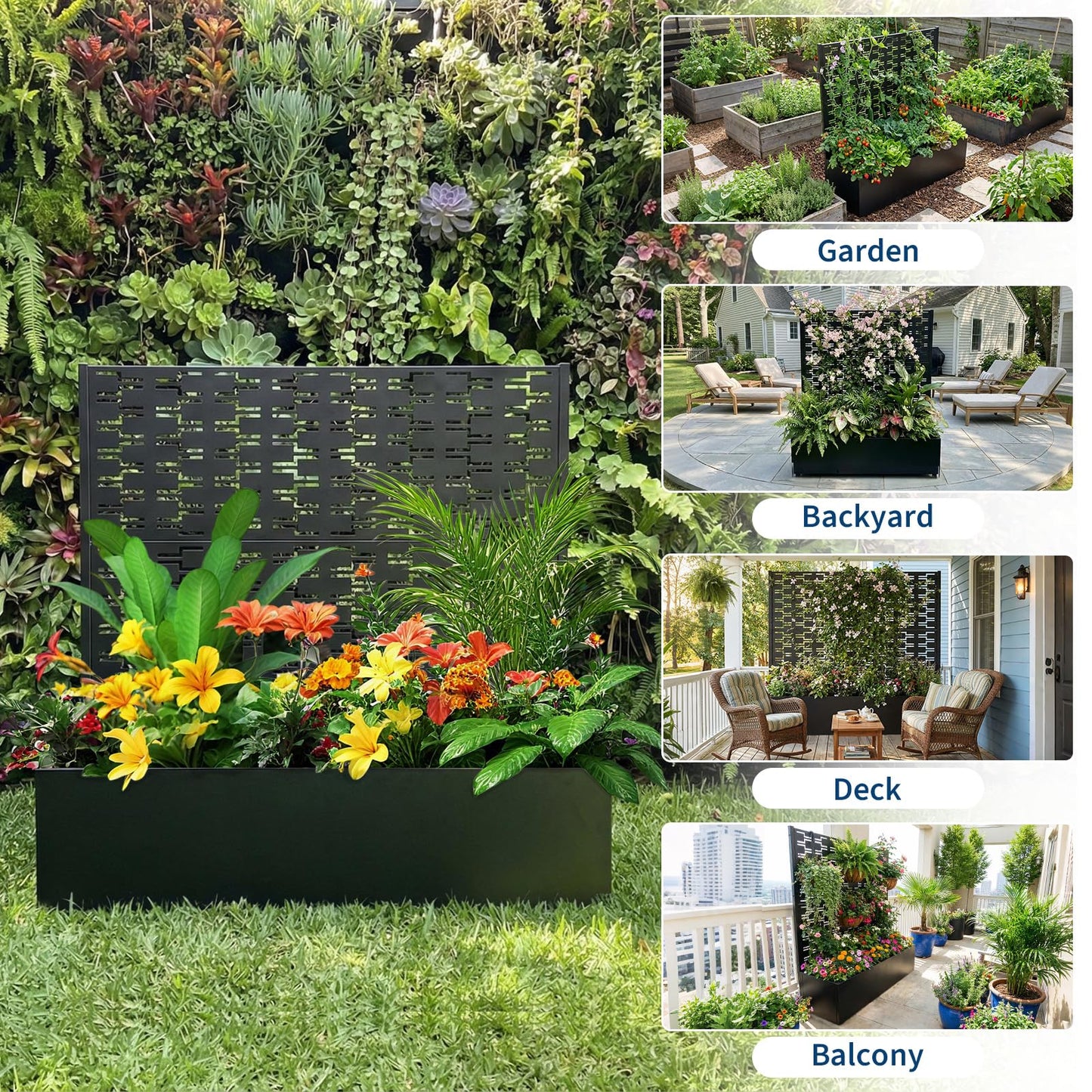 Garvee Metal Planter Box with Trellis, 45.7"x45"x15" Raised Garden Beds with Trellis for Climbing Plants Vegetables, Privacy Screen Planter Box with Drainage Holes for Patio Balcony, Black