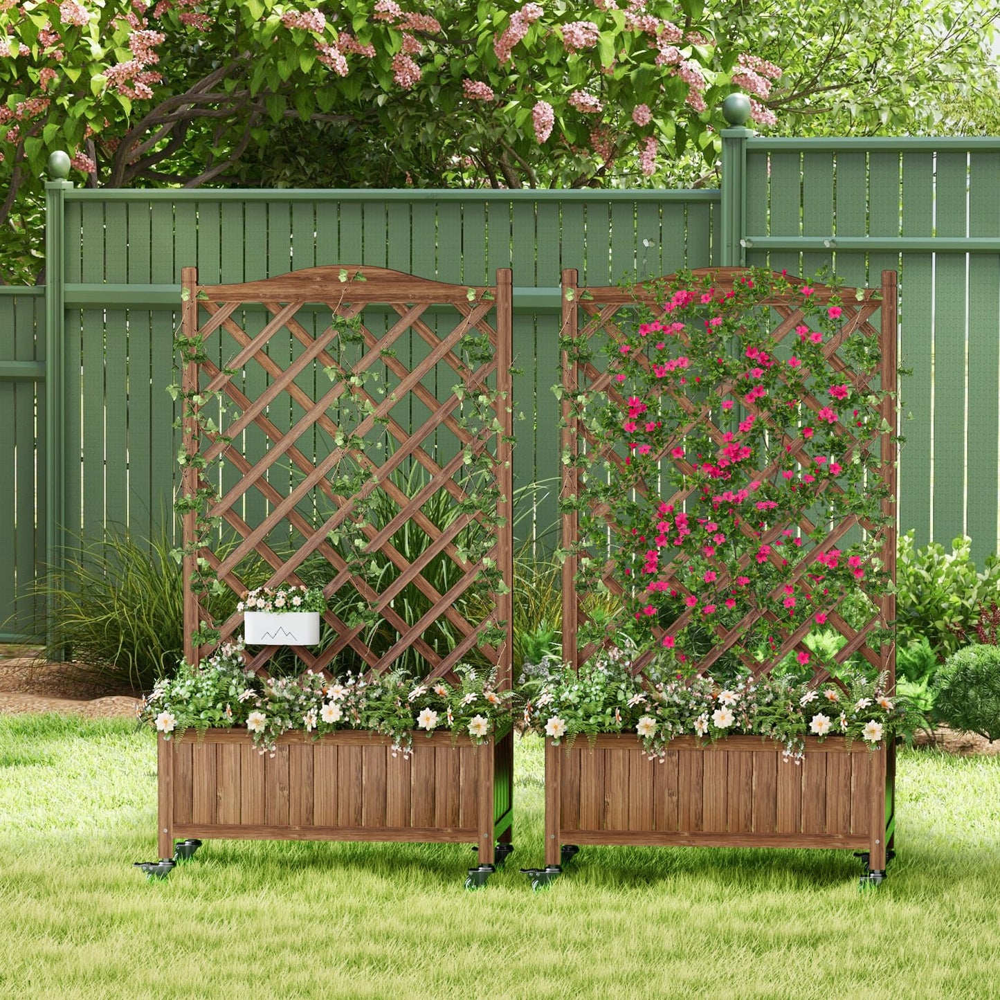 ScienGarden Upgraded 2-Pack 50" Tall Trellis Planter Box with Wheels, 49.8"H × 27.6"W × 13.0"D Solid Fir Wood Raised Garden Bed & Lattice Privacy Screen, Rolling Planter with Drainage for Patio/Garden