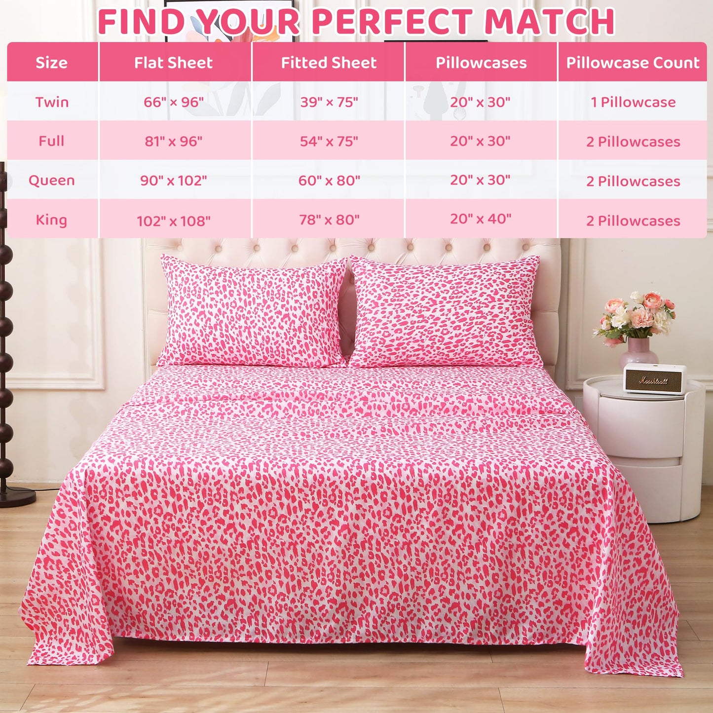 Mooreeke Leopard Cheetah Printed Queen Bed Sheets, Soft Microfiber Bedding Sheets & Pillowcases, Deep Pocket Non-Slip Fitted Queen Sheet, Pink Animal Pattern Bedsheets