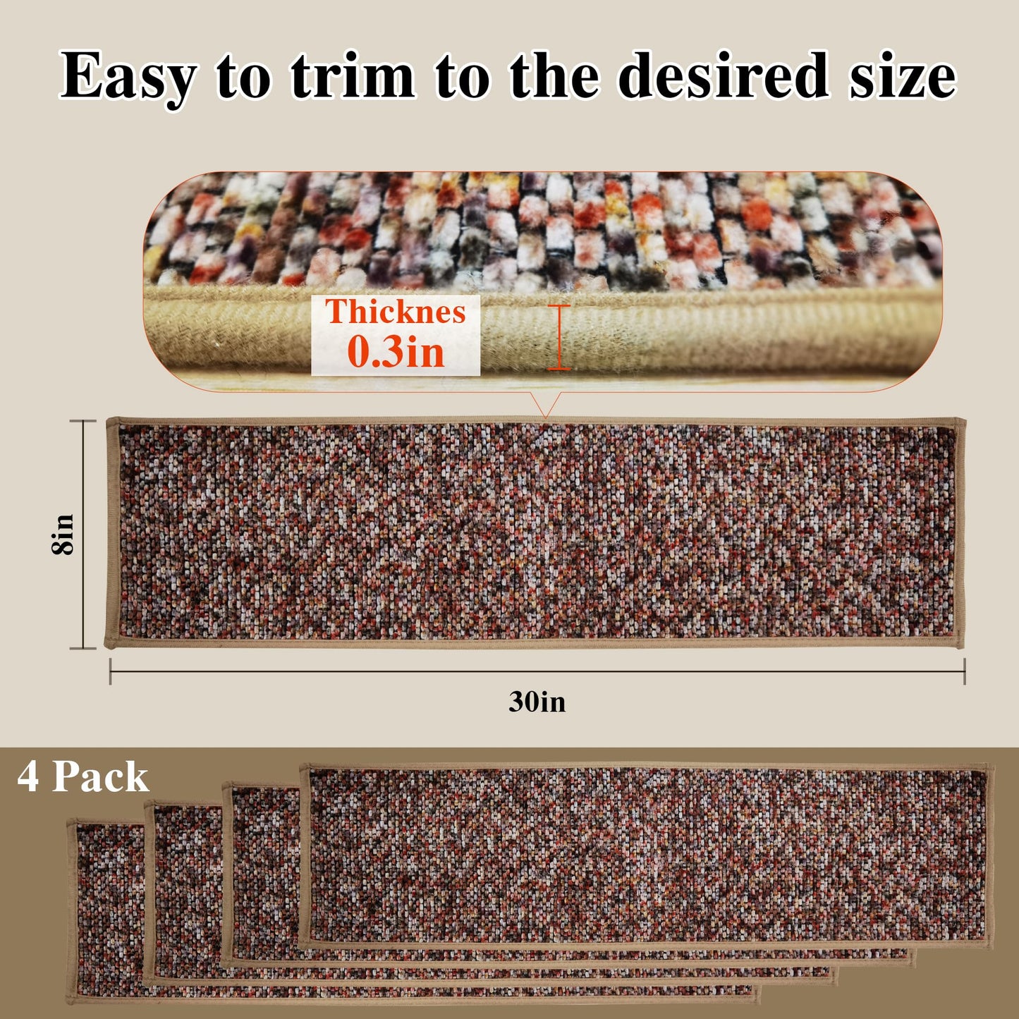 Heavyweight Extra Thick Chenille Stair Treads, Plush Pile Weaving Non-Slip Stair Carpets, Ultra-Soft Staircase Rug for Premium Home Comfort, 4 Pack 30"X8" - Monet Orange Pink