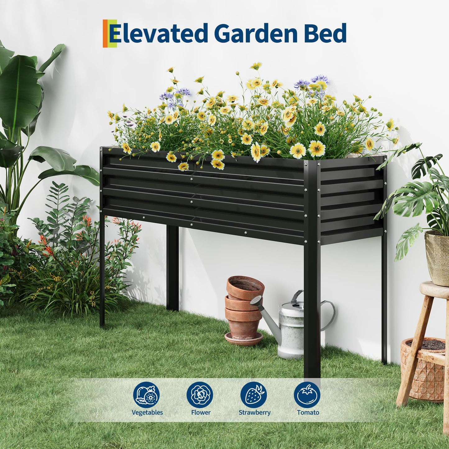 Garvee Galvanized Raised Garden Bed with Legs, 50×17×32 in Large Elevated Planter Box for Outdoor Plants, Sturdy Metal Raised Garden Beds for Vegetables, Flowers & Herbs, Backyard, Patio, Black