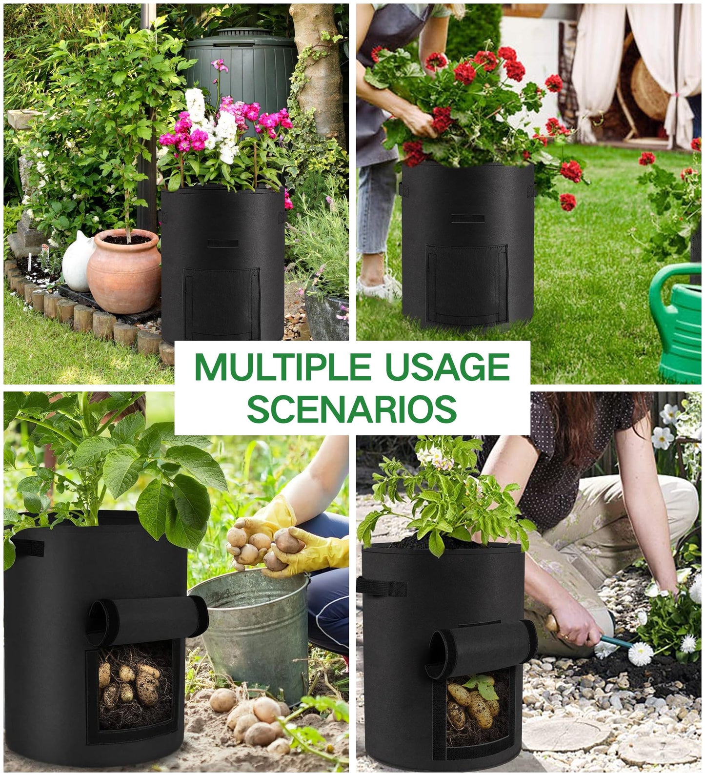Moyios 6-Pack 15 Gallon Potato Grow Bags – Durable Nonwoven Fabric Planters with Reinforced Handles | Reusable Garden Containers for Potatoes, Vegetables (Black, 15 Gallons/6 Pack)