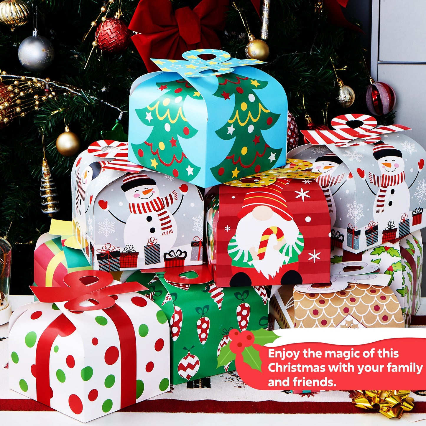 JOYIN 24 PCS 3D Christmas Goody Gift Boxes with Bow for Holiday Xmas Goodie Paper Boxes, School Classroom Party Favor Supply, 6” x 6” x 5.5” 8 Designs Candy Treat Cardboard Cookie Box for Gift Giving