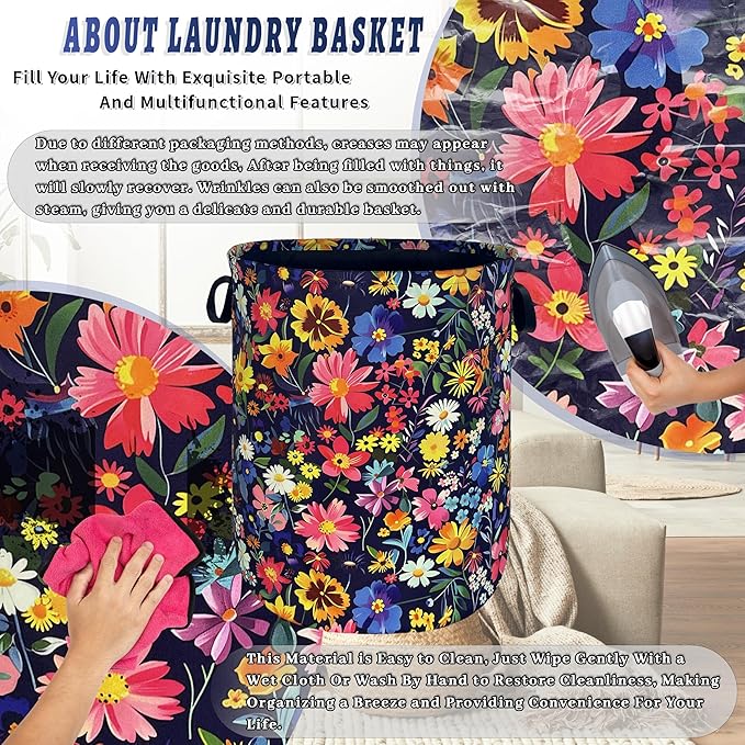Colorful Flowers Laundry Basket Oxford Cloth Foldable Floral Laundry Hamper