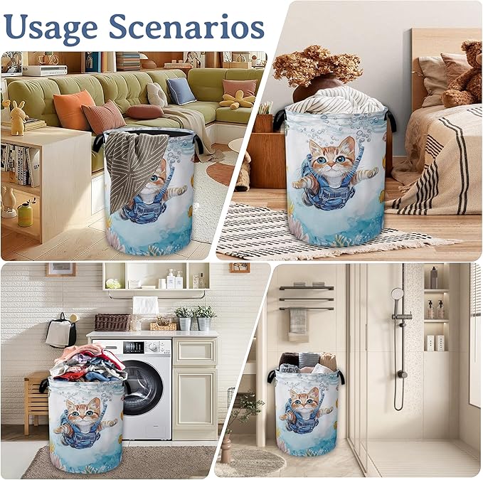 Cute Cat Laundry Basket, Foldable Oxford Cloth Sea Turtle Fish Coral Laundry