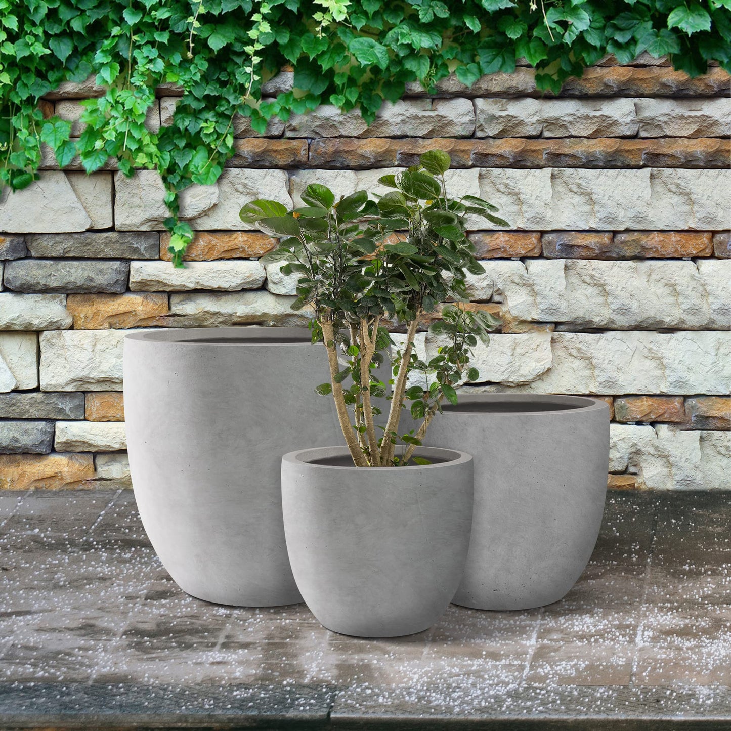 Kante 20",16.5",13.4" Dia Round Concrete Planters (Set of 3), Outdoor Indoor Modern Decorative Plant Pots with Drainage Hole & Rubber Plug for Home & Garden, Natural Concrete