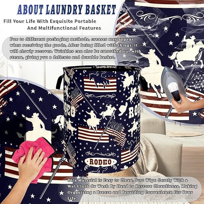 Western Cowboy Laundry Hamper Foldable Oxford Cloth American Flag Laundry Basket