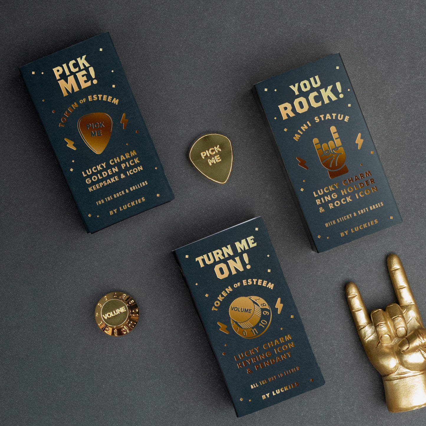 Luckies Hand Desk Decor - Mini Rock On Hands - Rock N Roll Mini Statue - Mens Ring Holder - Gold Hand Decor | Men Desk Accessories - Mens Gold Decor - Hands Office Accessories - Men Key Holder Statue