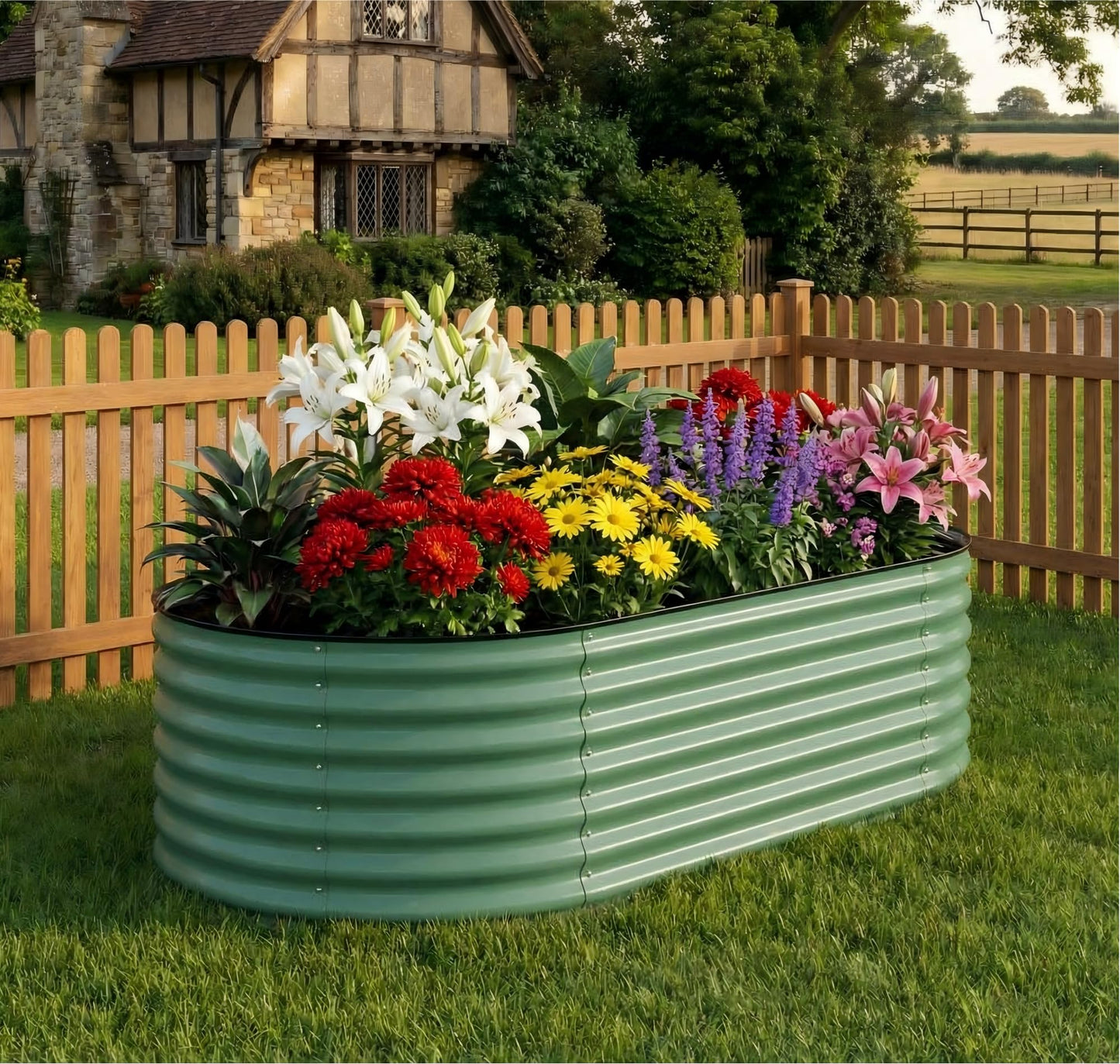 Garvee 8x4x1.5ft Galvanized Raised Garden Bed, Oval Metal Planter Box with Anti-Cut Safety Edges, 359 Gallons Rust-Resistant Deep Root Planter for Outdoor Vegetables, Flowers, Herbs, Green