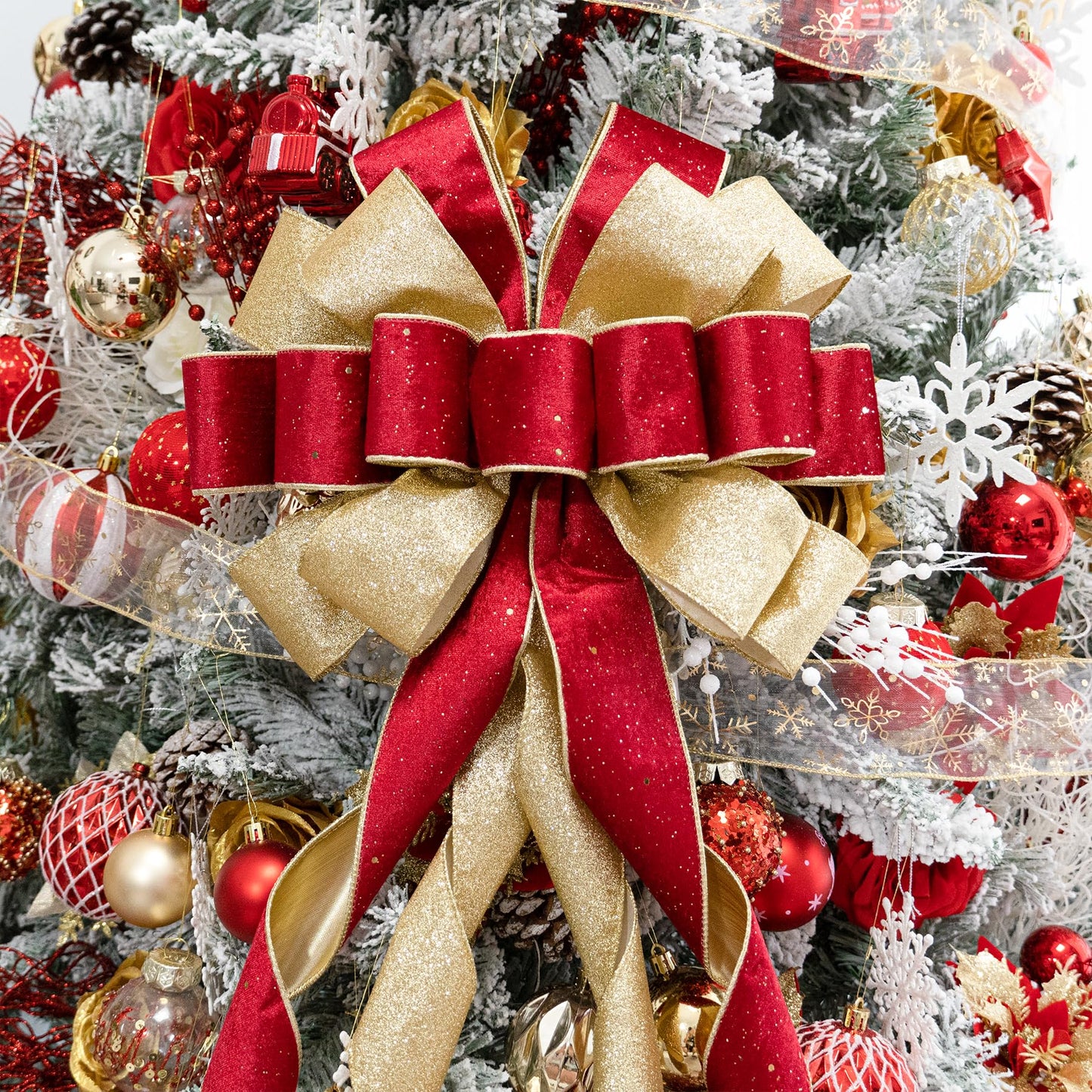 Hismir Christmas Tree Topper Bow,53x13 Inches Large Christmas Bow with Glitter Streamer,Decorative Bows for Xmas Tree Wreath Door Festival Home Decor(Red Gold)