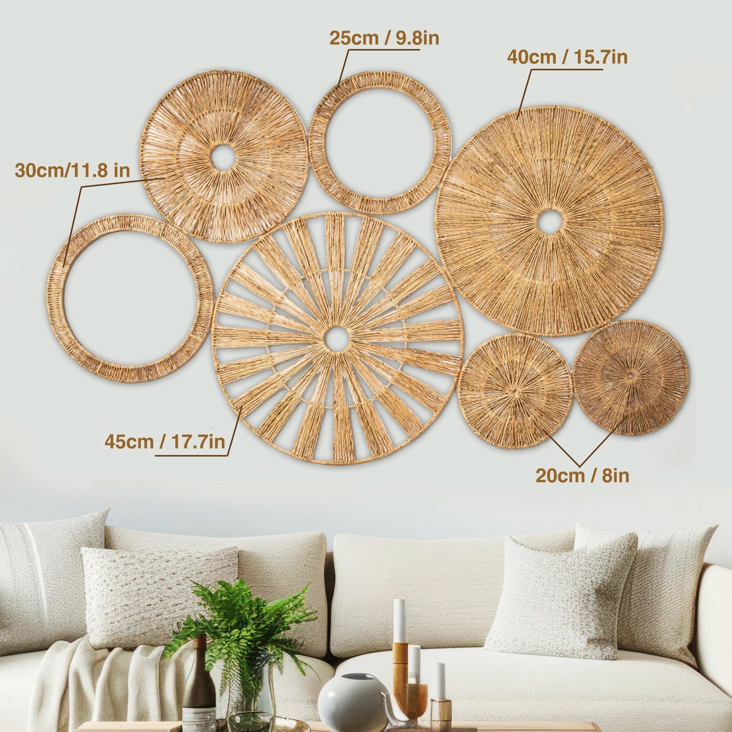 Xavia Handicrafts Set of 7 Boho Wicker Rattan Plate Basket For Dรฉcor Hanging Wall | Large Woven Farmhouse Rustic Bohemian Art Baket Hangings For Decorative Home, Bedroom, Living Room, Kitchen, Bathroom
