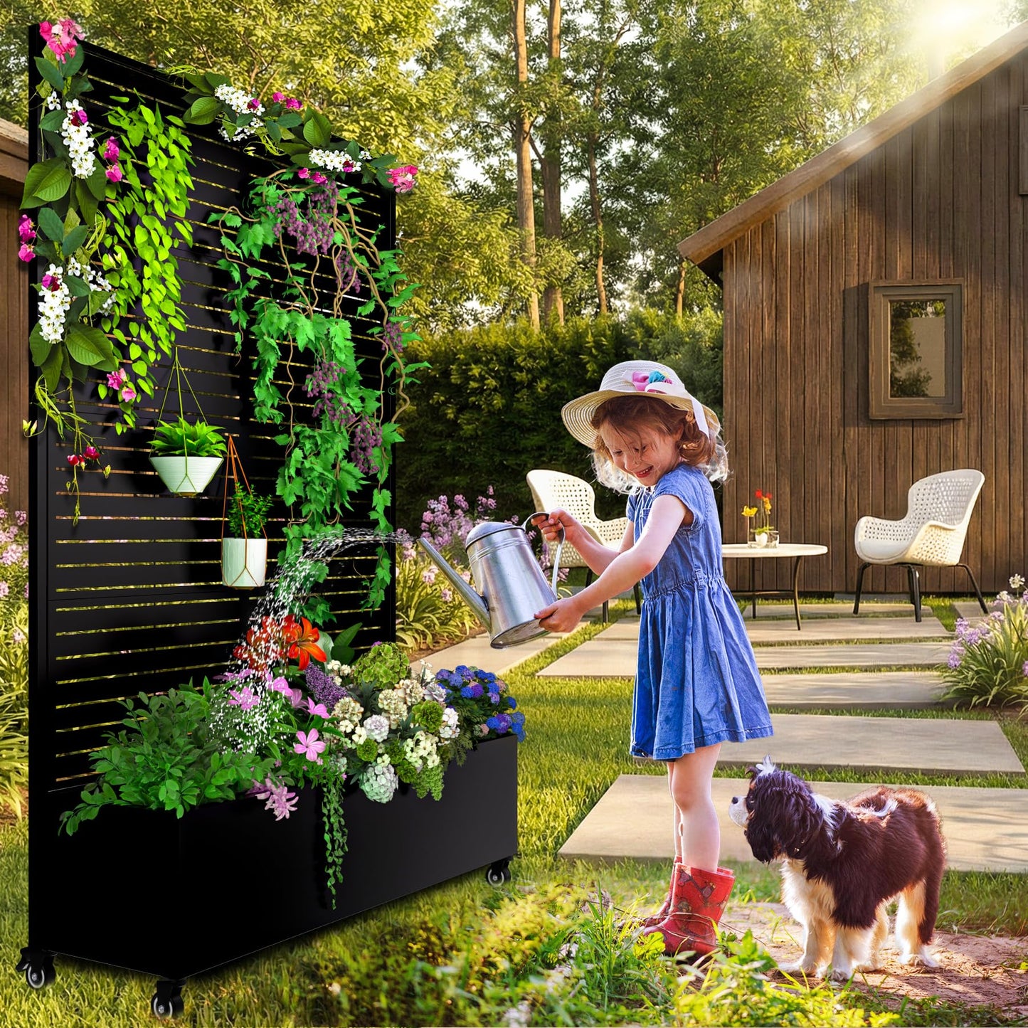 MTART Metal Planter Box with Trellis Outdoor, 72"x47"x16" Galvanized Raised Garden Bed with Privacy Screen & Drainage Holes & Lockable Casters for Climbing Plants, Vegetable, Vines (Louvered-Black1)