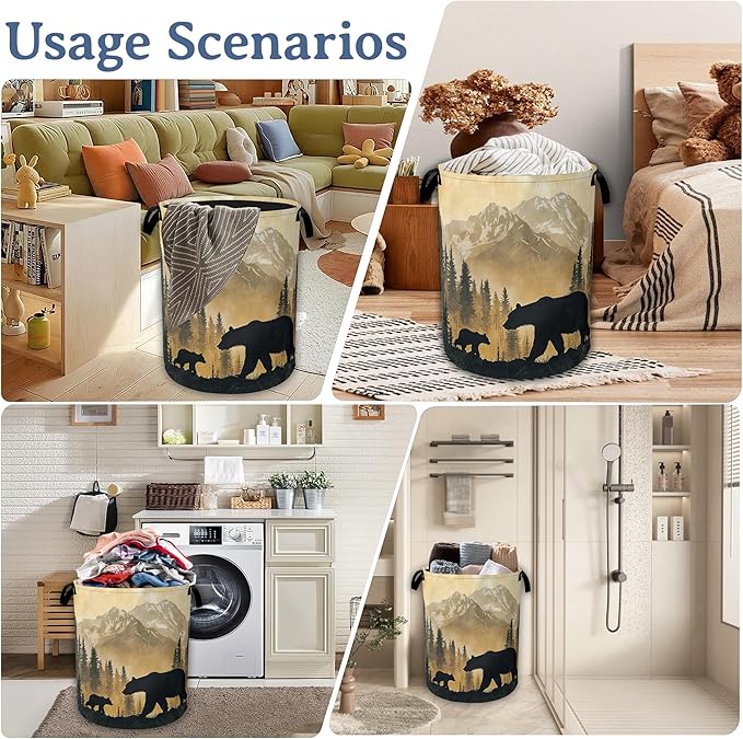 Bear Laundry Basket, Oxford Cloth Golden Mountain Forest Laundry Hamper
