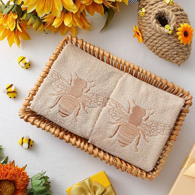2 Pcs Bee Hand Towels Brown Bathroom Decor 14x29 Inch Embroidered 100% Cotton