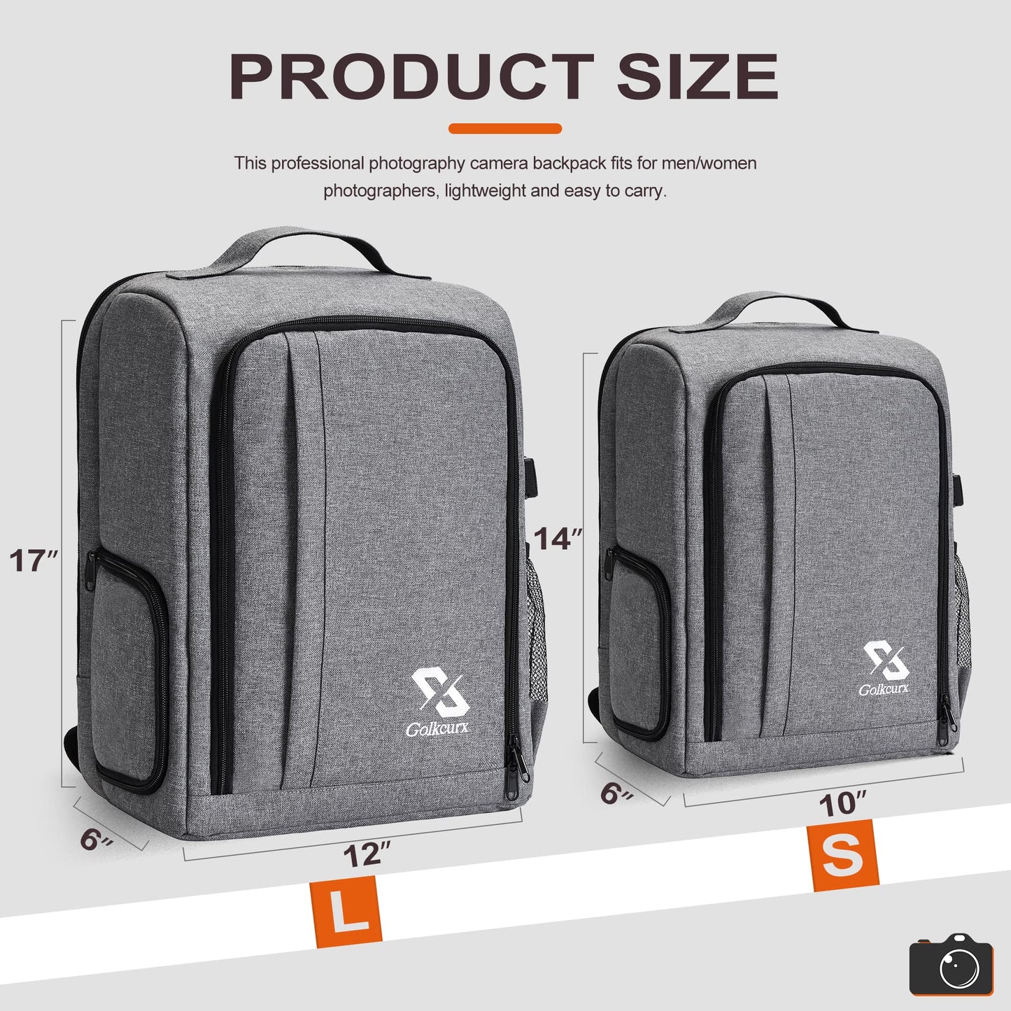 Golkcurx Camera Bag for DSLR/SLR Cameras,Camera Backpack Waterproof for Photographers Grey S