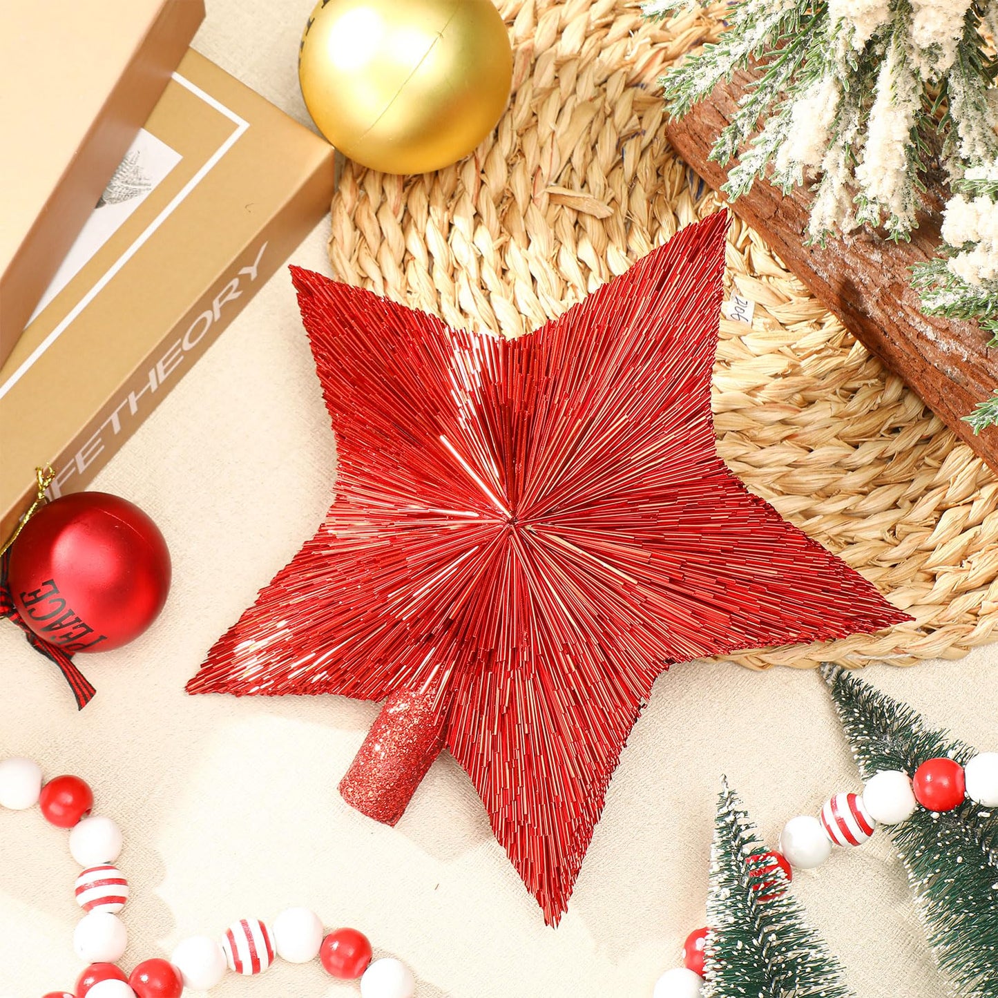 Threehoney 8.3 Inches Christmas Star Tree Topper Glitter Mini Sisal Star for Christmas Small Xmas Tree Top Decoration Ornament for Home Xmas Holiday Gift Decor(Red)