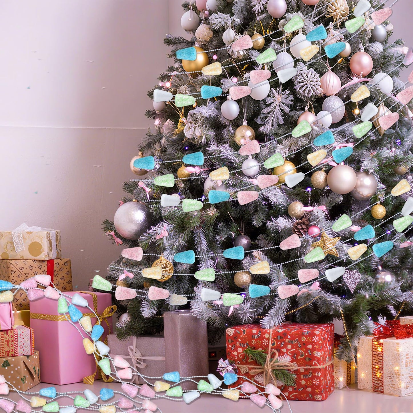 Jetec 16 ft Pastel Candy Garland for Christmas Tree Pink White Blue Green Yellow Candyland Christmas Beaded Ornament for Xmas Tree Fireplace Wreath Retro Party Decorations