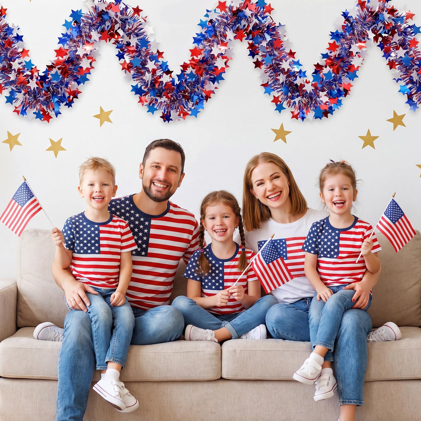 50ft Patriotic Star Tinsel Garland, Tinsel Banner for USA 250th Anniversary July 4th Decorations